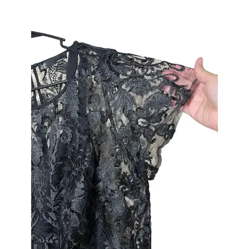 Leslie Fay Black Sheer Lace Short Sleeve Round Neck Midi Sheath Dress 14W