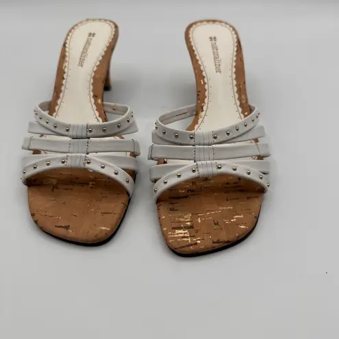 Naturalizer Sana White Strappy Sandal Heels With Cork Sole Studded Detail