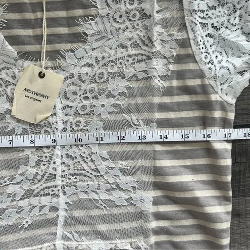 Andthewhy NWT Tunic Top Large Gray Cream Stripes Pleated Lace Details Size Small