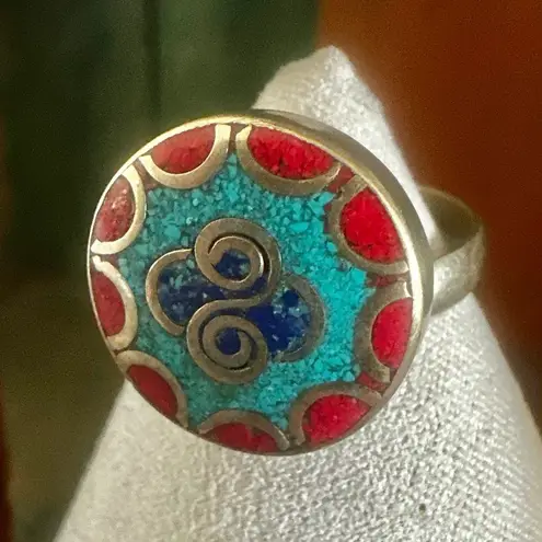 Turquoise & Coral Inlay Brass Adjustable Ring Blue