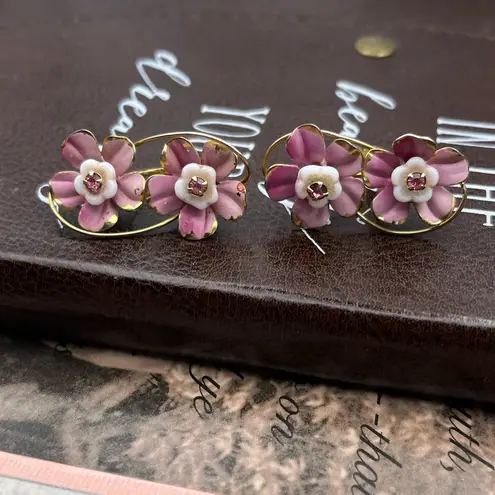 Vintage Purple Rhinestone Oversized Floral Screwback Earrings White