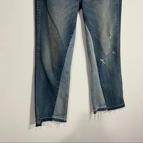 Anthropologie AMO Crop Boot Jeans Distressed w/ Raw Hem Button Fly Two Tone 24 Blue