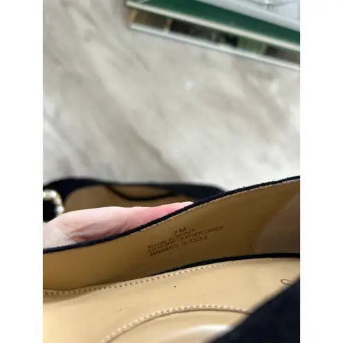 Talbots  Black Suede Leather Chunky Rhinestone Pearl Buckle Heel