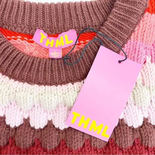 THML Textured Chunky Knit Striped Puffy Crewneck Sweater Red Pink