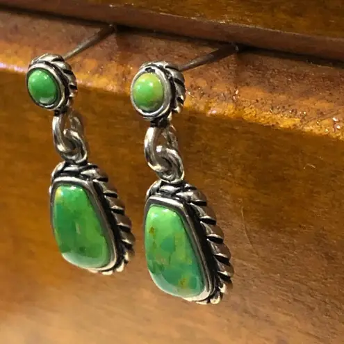 Sterling Silver BARSE Green Turquoise Rope Framed Pierced Drop Dangle Earrings