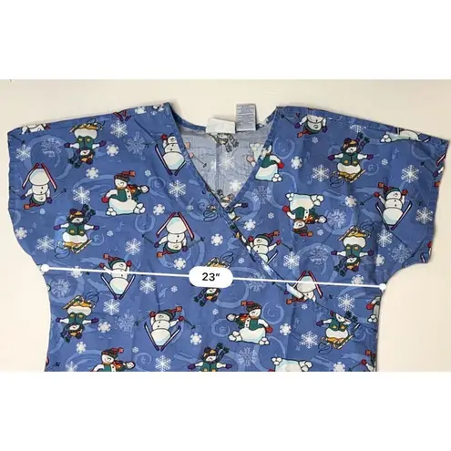 JIJ Scrubs Blue Snowman Snowflake Scrub Medical Top LARGE Wintertime Snow