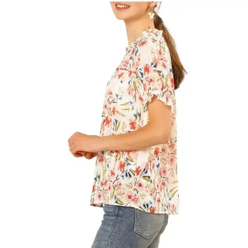 Allegra K Floral Ruffled Neck Short Sleeve Top Blouse, Size S