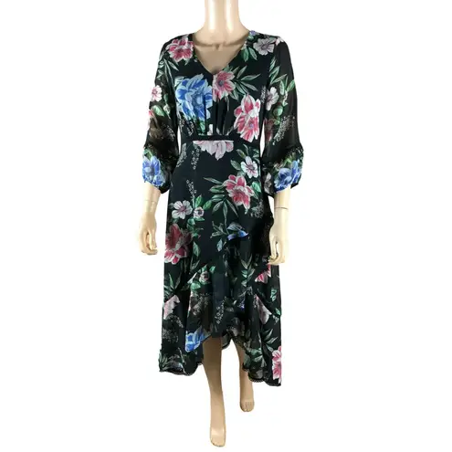 TAYLOR Floral Chiffon Asymmetrical Ruffle Dress Size 4 Black