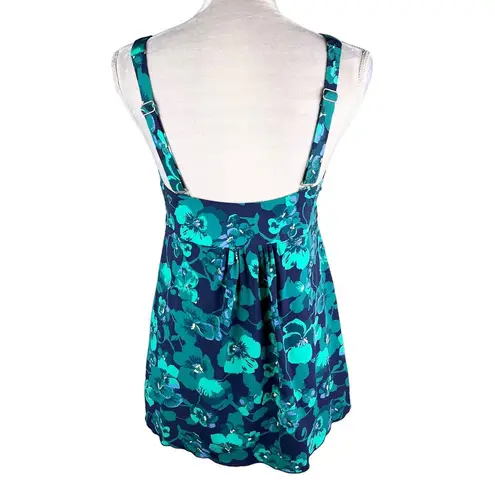 L.L.Bean  Soft Drape Tankini Top 12 Blue Green Floral Adjustable UPF 50+