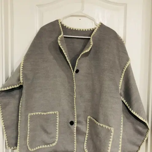 Commense Women's Contrast Trim Jacket Oversized Pockets Long Sleeve Gray Large