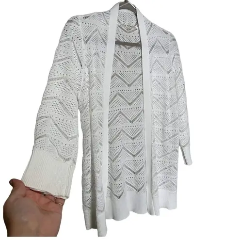 Cyrus  White Laser Cut Crochet Detail Casual Basic Open Front Cardigan Medium