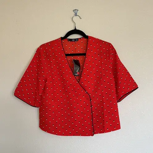 Mango NWT MNG  RED POLKA DOT BUTTON FRONT V NECK RELAX FIT BLOUSE SZ-4