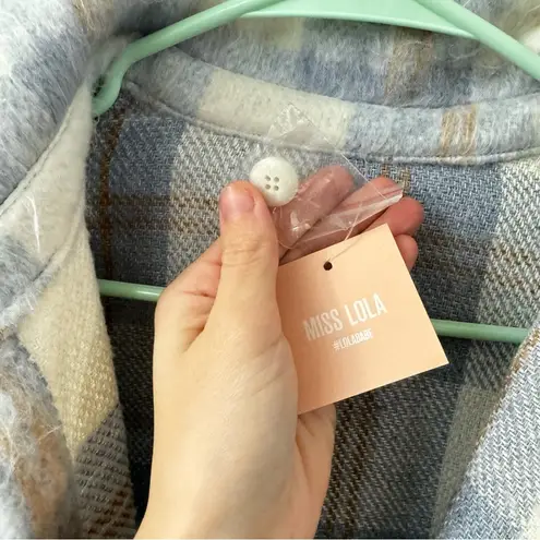 Miss Lola  Blue Plaid Long Line Side Slit Fuzzy Button Down Shacket Jacket M/L