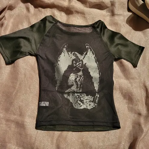 Black flocked Angel Print Mesh Top Green