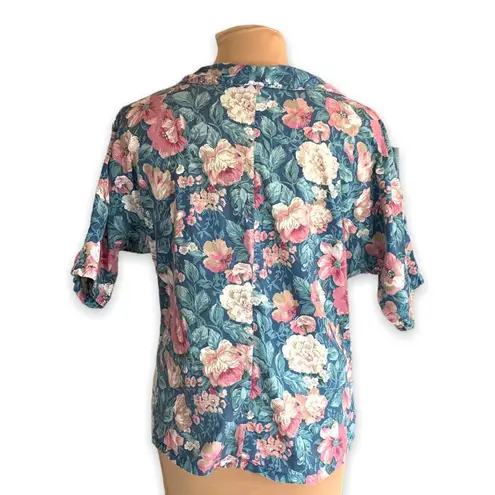 Krazy Kat Vintage 90s Floral Button Up Shirt Blue Pink Green Peter Pan Collar Cottagecore