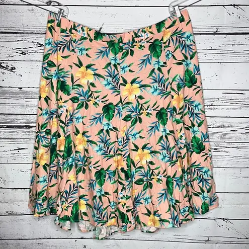 Woman Within 34/36 4X Tropical Floral Linen Blend Pull-On Midi Skirt w/ Pockets