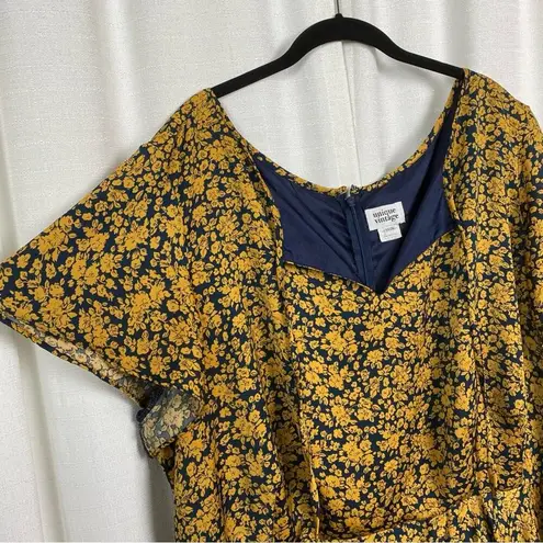 Unique Vintage  Navy Blue&Yellow Floral Tie Front 1940’s Swing Midi Dress Sz.5x