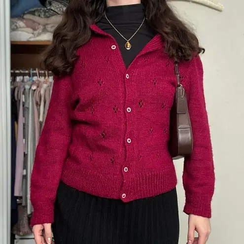 Handmade Gorgeous Knit Berry Red Wool Cardigan Pointelle Fits like Medium