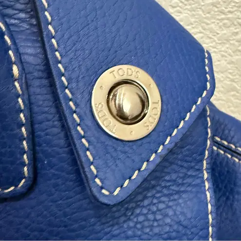TOD’S Blue Pebbled Leather Contrast Stitch Button Snap Closure Satchel Crossbody