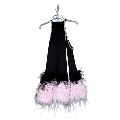 Mac Duggal NWT Feather Finished Short Beaded Beaded Dress in Black Size 2