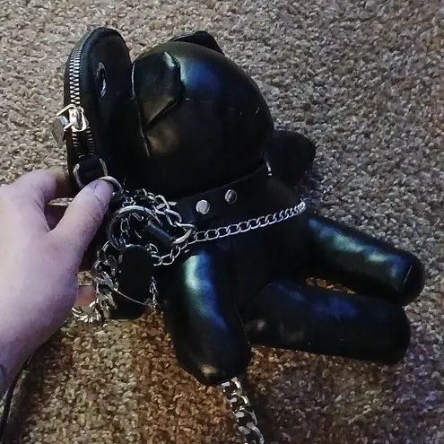 Black Faux Leather Chain Bear Purse Silver