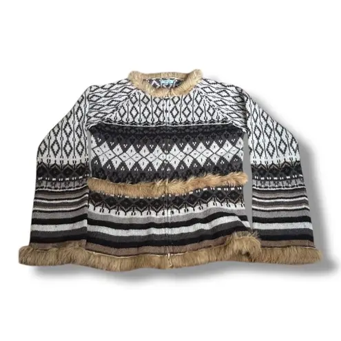 Vintage Y2K Fair Isle Shetland Wool Cardigan Rabbit Fur Trim Belted Scarf Nordic Gray