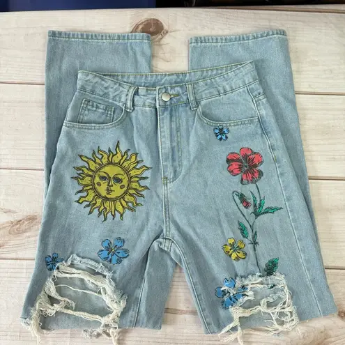 SheIn Destroyed Light Denim Sun & Tropical Flower Print High Rise Straight Leg Jeans