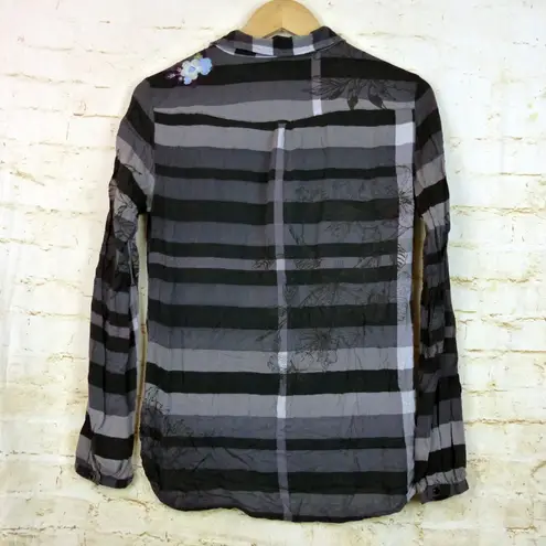 Desigual Shirt Women L Black Gray Striped Floral Embroidery Laura Illa Popover