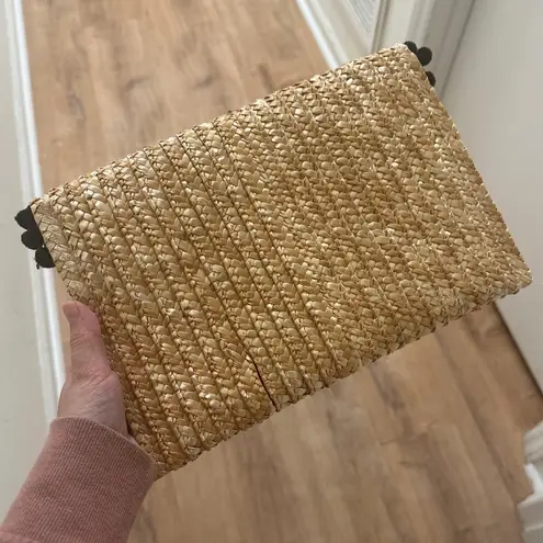 SHIRALEAH | Straw Clutch Black Pom Pom Trim, Woven Raffia Summer Beach Purse Tan