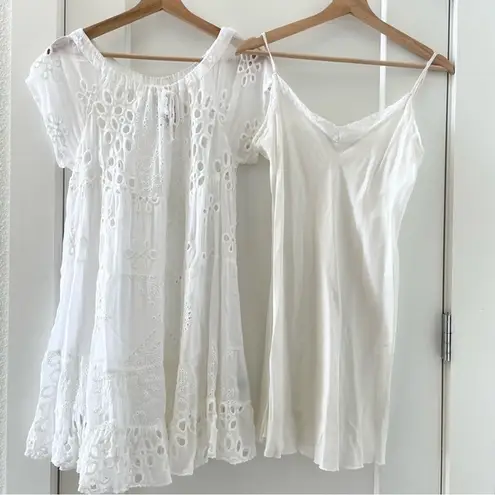 Johnny Was White Eyelet Lace Mini Bay Doll Dress Swim Coverup With Slip Size S