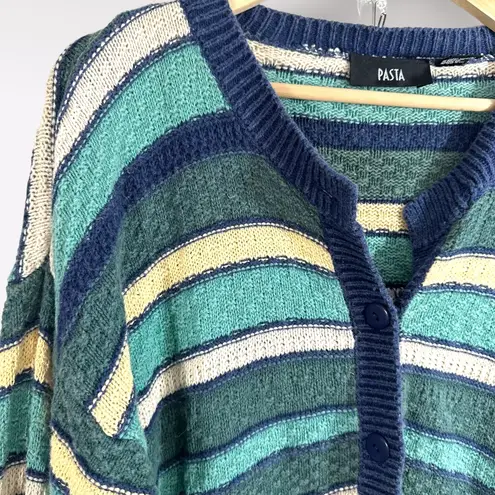 Vtg 90s PASTA Women’s Cardigan Sweater Striped Blue Ramie Slouchy Cozy Preppy Blue Size M