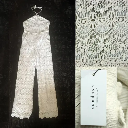 Sundays August Jumpsuit Womens S Ivory Crochet Lace Halter Lined Boho NWT $160