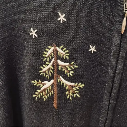 Breckenridge Vintage Christmas Sweater Cardigan Zip Trees 1X Embroidered Black Green