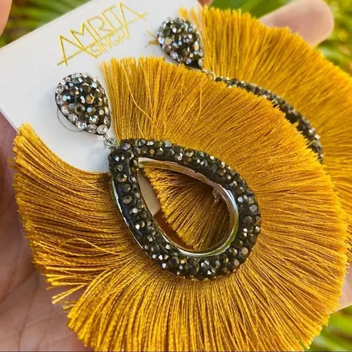 Amrita Singh Silk Fringe & Black Crystal Statement Earrings