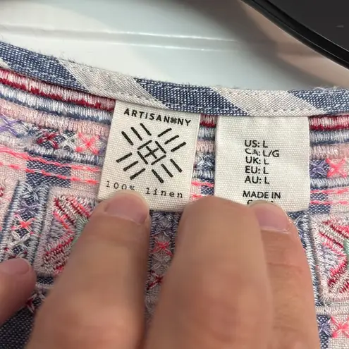 Artisan NY Blue and White Sleeveless Blouse with Mandarin Collar