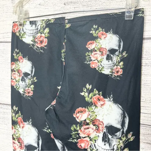 Casa Lee Black & Pink Floral Skull Print Leggings Size Large