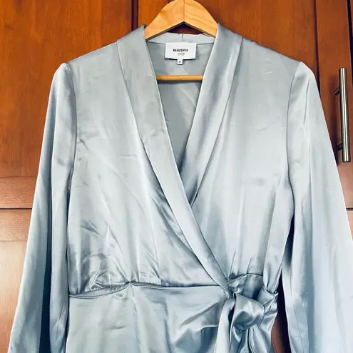Nanushka Siwa Dress Wrap Long Sleeve Satin Light Blue Size Medium
