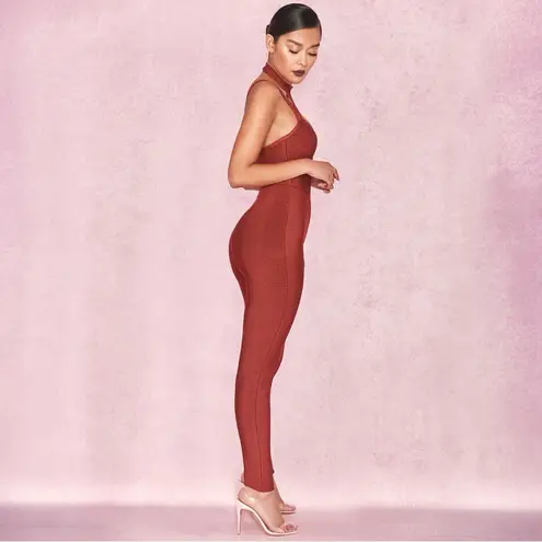 House Of CB  Cypresa Rust Lurex Collar Strap Jumpsuit Style SB2918