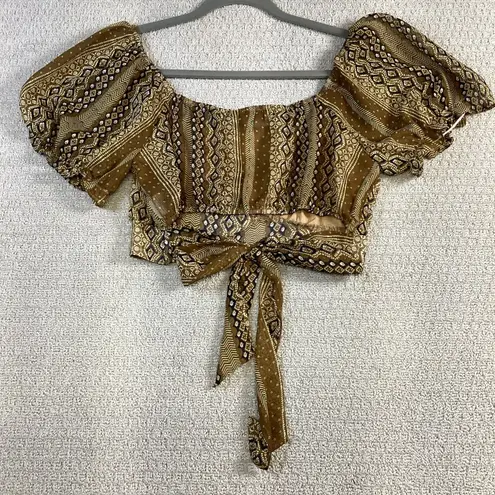 French Kiss Boho Puff Sleeve Crop Top Tie Back Tribal Print L