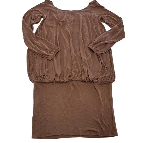 Stefanel Dress Womens Small Brown Long Sleeve Blouson Bubble Hem Viscose Ruched