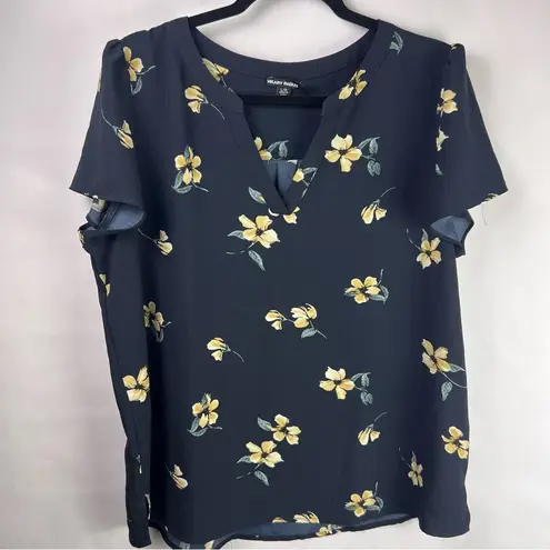 Hilary Radley Navy Floral Blouse, Yellow Flowers, Polyester, Flutter Sleeve Top