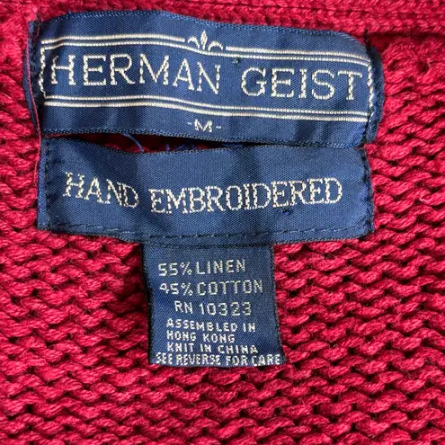 Vintage 90s Herman Geist Hand Embroidered Floral Knit Cardigan Sweater Red Crop Size M