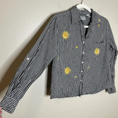 Women's Vintage Button Up Gingham Plaid Sun Flower Embroidery Boho Preppy Retro White Size M - Image 1