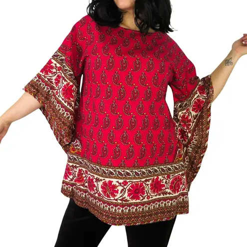 Vintage Red Cranberry Retro Paisley Flowy Tissue Blouse Bell Sleeves Small