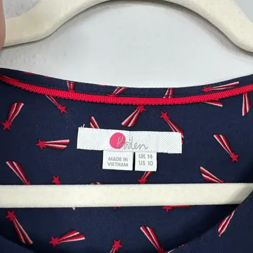 BODEN Kara Shooting Stars Blouse Navy Red Smocked Sleeves Button Front Size 10 Blue