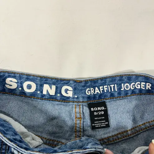 S.O.N.G DENIM GRAFFITI WOMENS JOGGER JEANS STREETWEAR GOOD VIBES MED WASH 9/29 Blue Size undefined