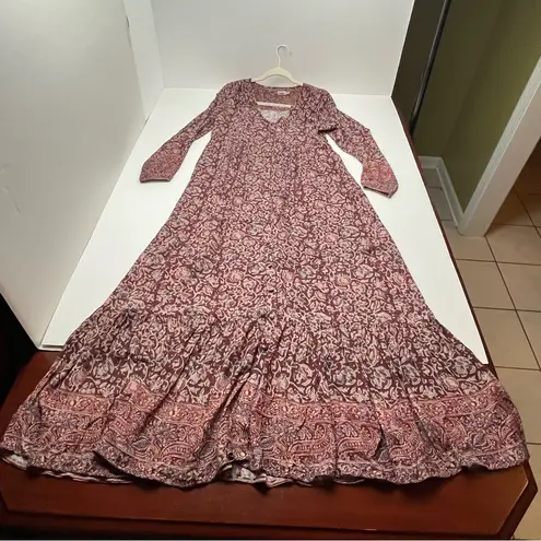 Faherty Toluca Tiered Long Sleeve Dress Merlot Bordeaux Red Floral Womens Small