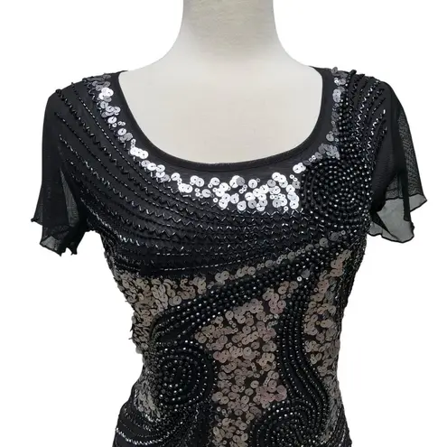 Cartise Embellished Shirt Sz M Black Silver Sequins Beaded Glam Y2K FairyGrunge Size M