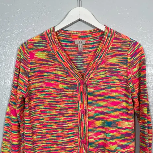 LOGO By Lori Goldstein Women XXS Bright Neon Space Dye Button Front Cardigan