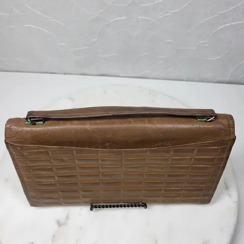 Antique Tooled Leather Clutch Handbag Brown Gold Taffeta Kiss Lock Handle Purse